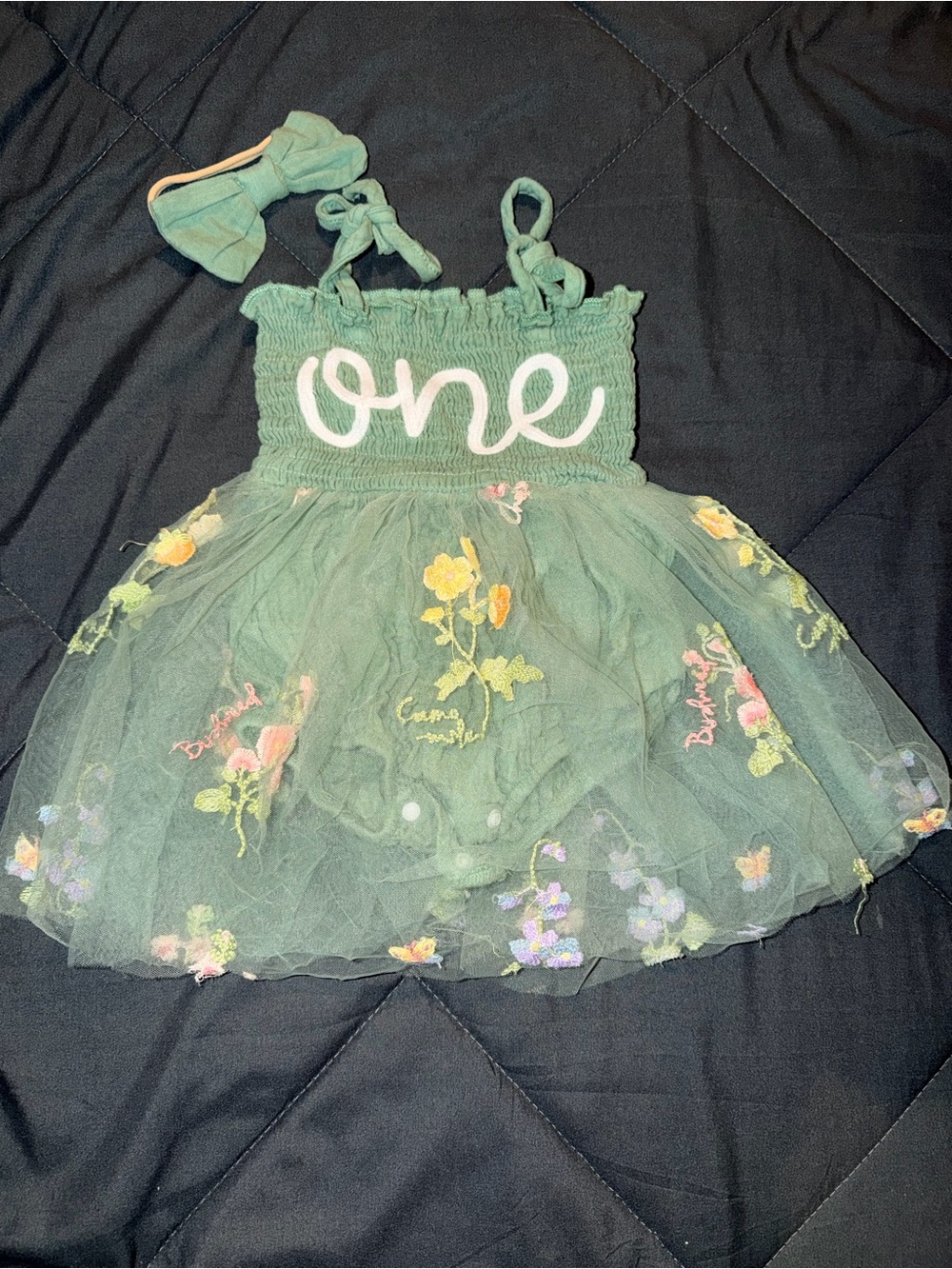 Green 'One' Tulle Birthday Dress with Floral Embroidery